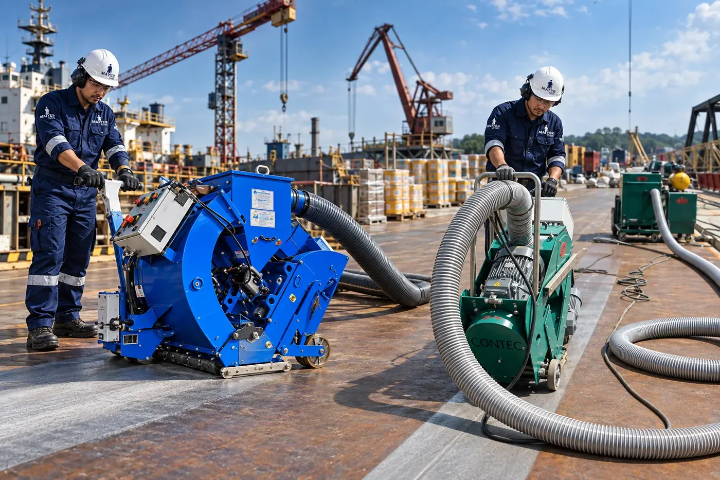 Surface preparation machine working across a large industrial concrete floor