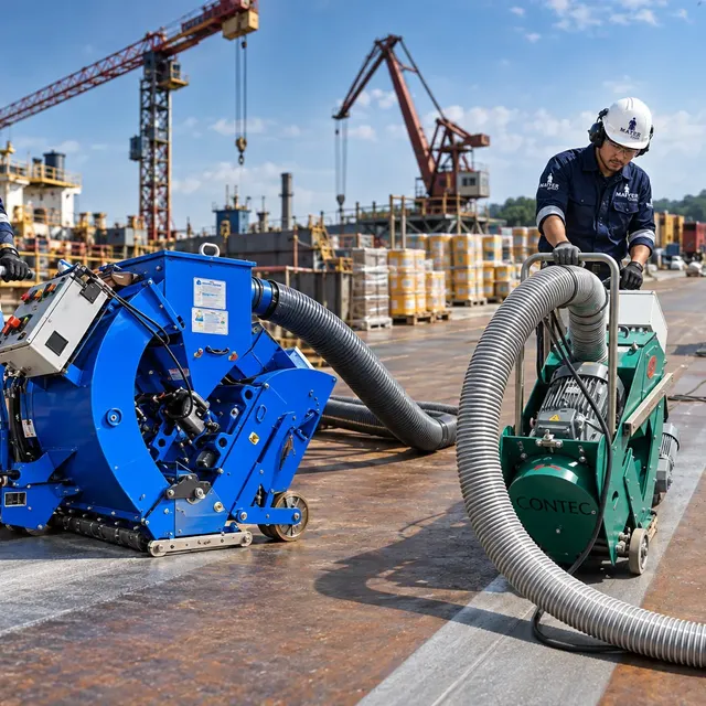 Surface preparation machine working across a large industrial concrete floor
