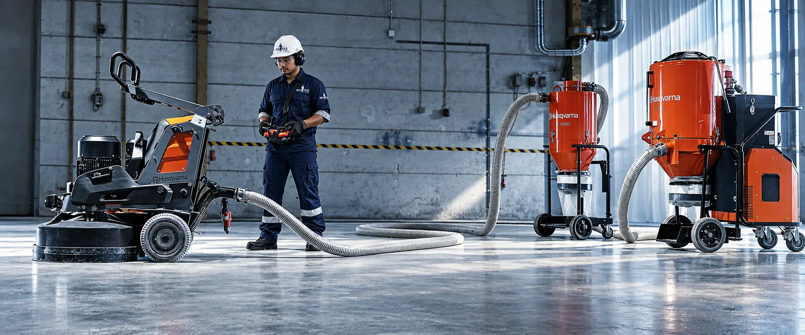 Floor grinder and dust extractors working a slab inside a building under construction