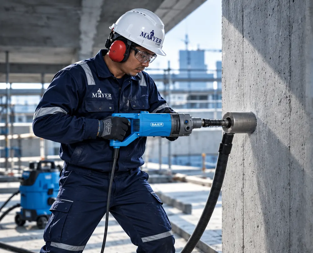 Technician core drilling a concrete column with dust extraction connected