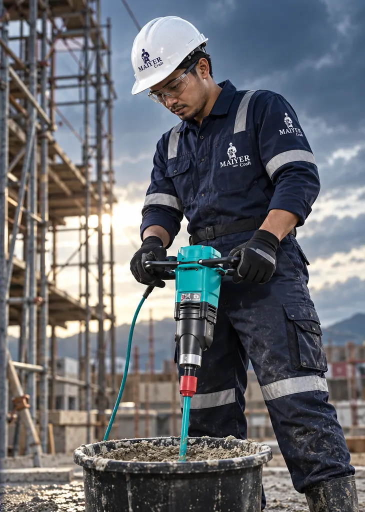 Technician mixing mortar in a bucket with a handheld paddle mixer on site