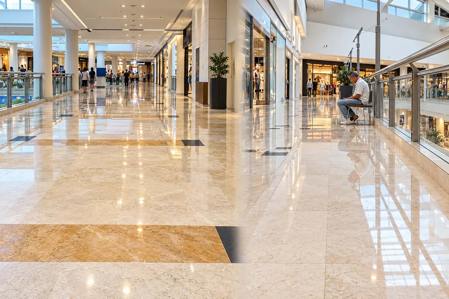 Polished marble floor in a shopping mall concourse