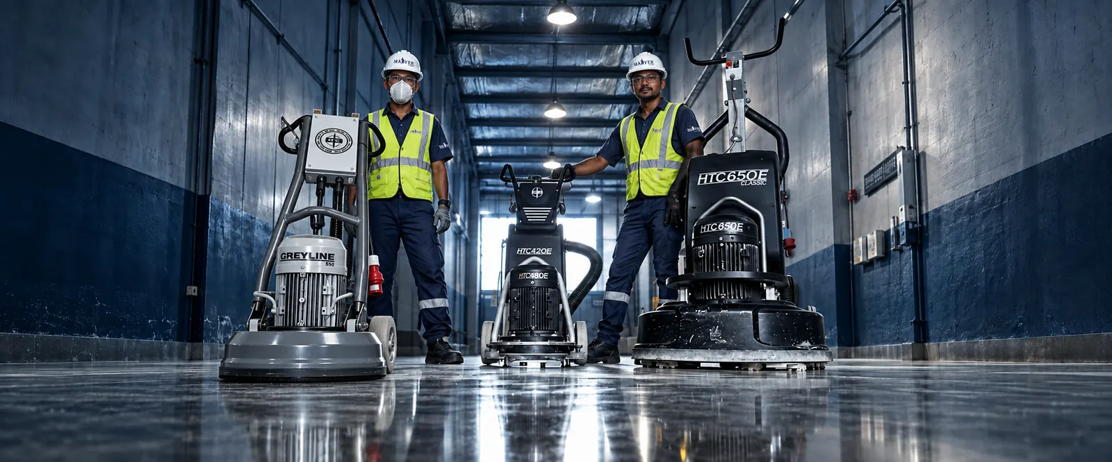 Two technicians with planetary floor grinders on a polished concrete corridor floor