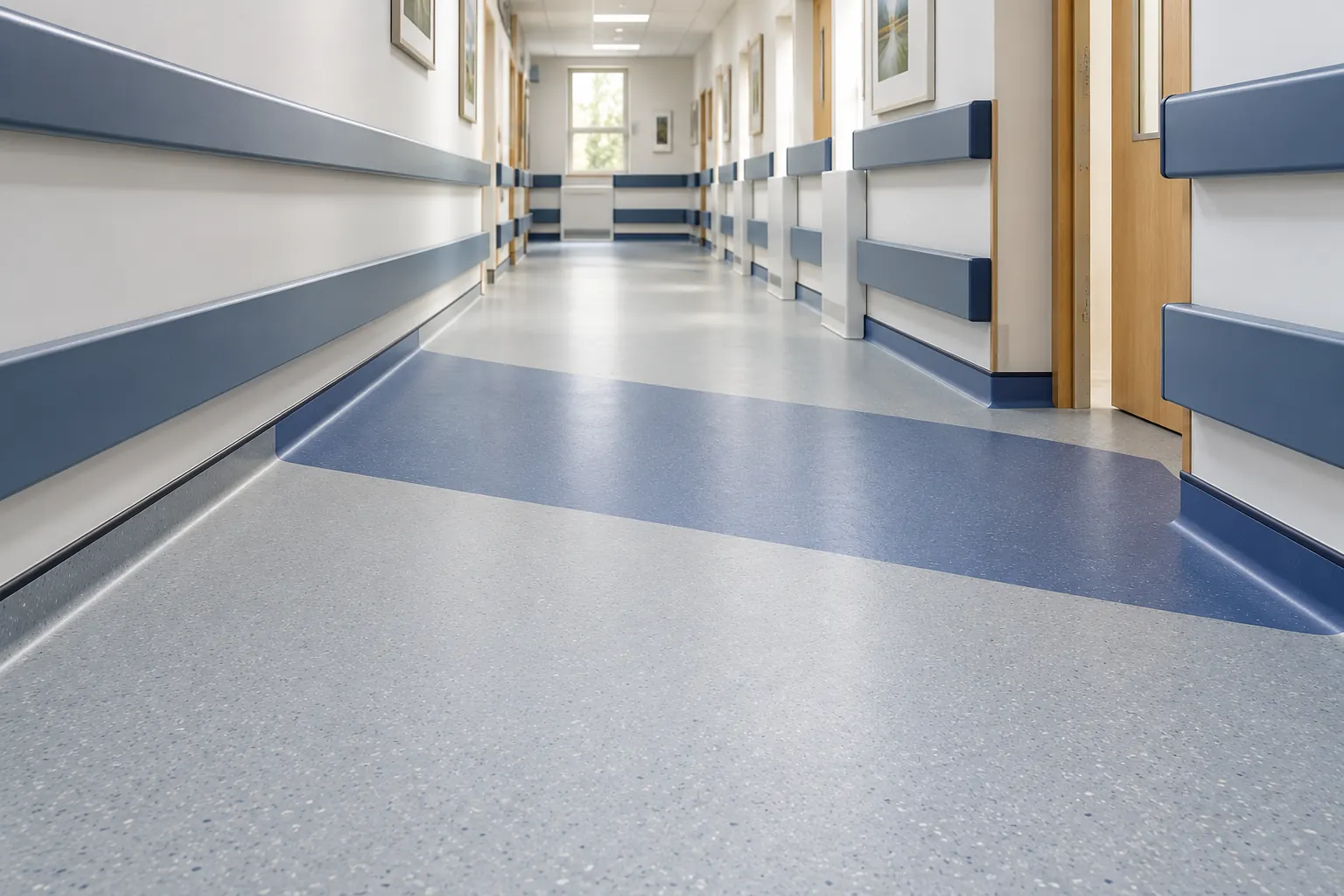 Vinyl flooring running the length of a hospital corridor