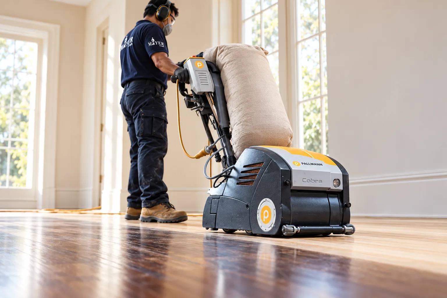 Technician sanding a timber floor with a drum sander in a bright room
