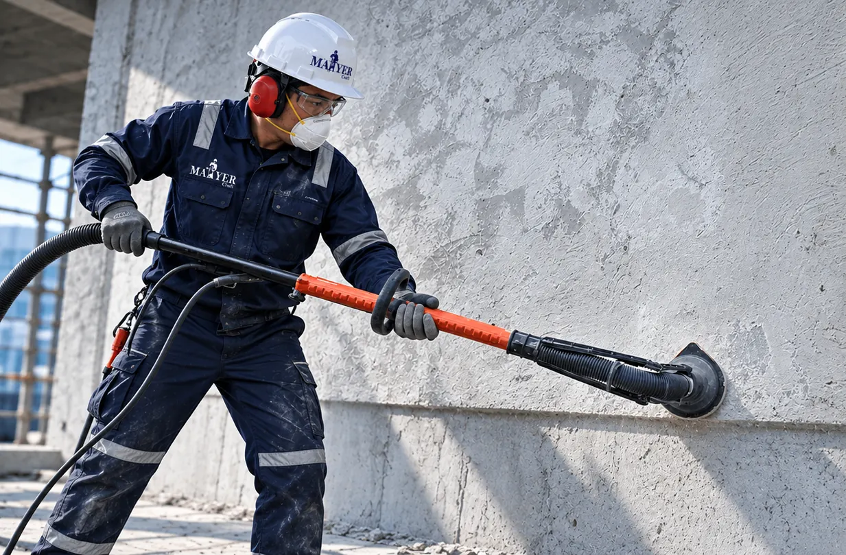 Technician grinding a concrete wall with a long-reach wall sander