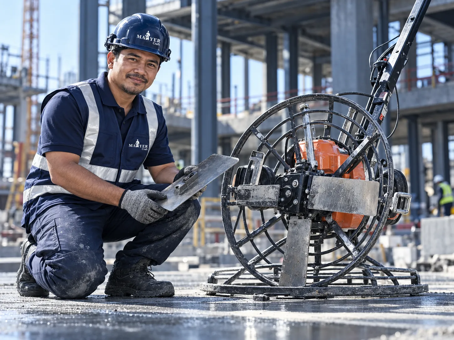 Maiyer Craft technician kneeling beside a power trowel on a construction site